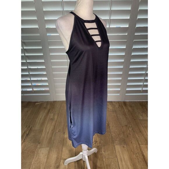 Casual Blue Gray Ombre Slip Dress L Halter Stretch Lounge Pockets - Picture 6 of 11